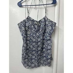 Y2K Women's Blue Floral Cami Tank Top Spaghetti Strap Sheer Layered Blouse XL